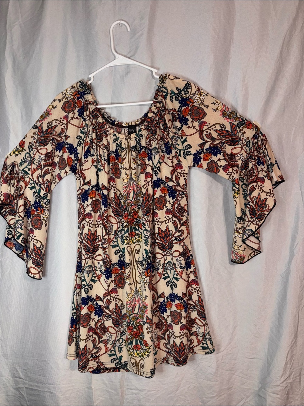 Boho Floral Off-Shoulder Tunic Top - Cream with Multicolor Print
